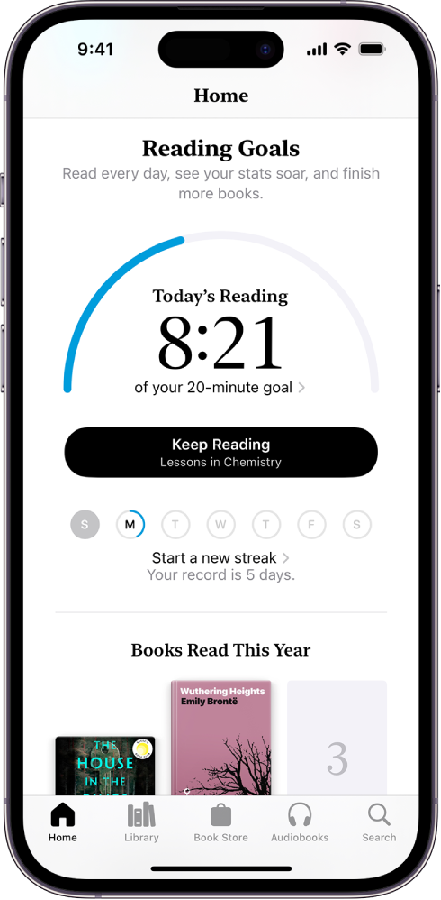 screenshot of apple books reading goals page. Shows today's reading time, reading streak, and books read this year. 