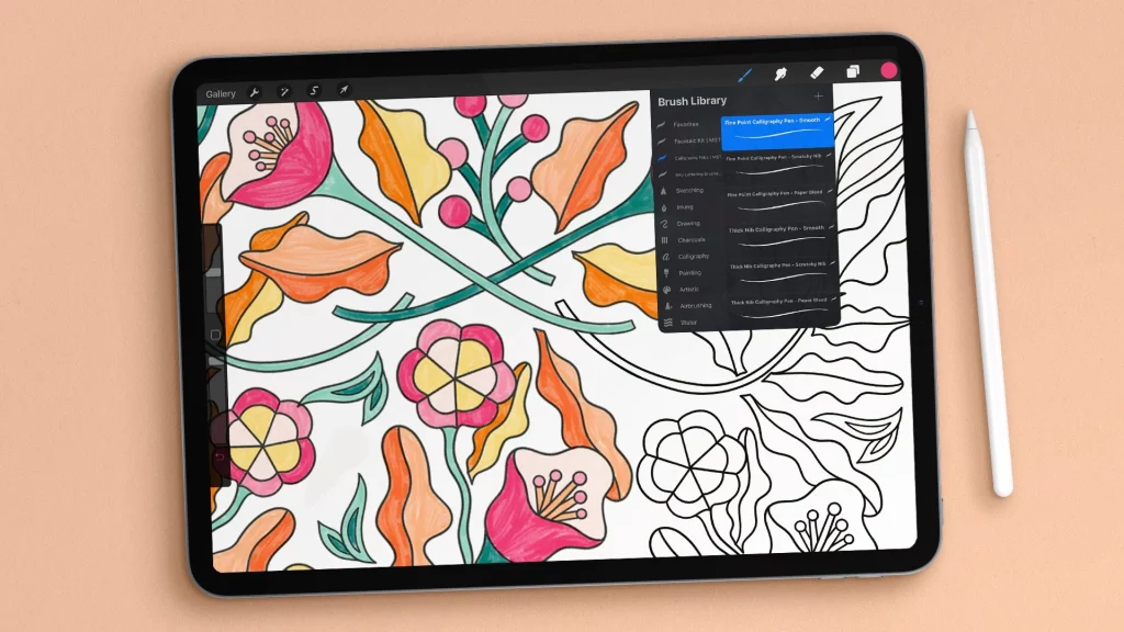 drawing of flowers in procreate on an ipad screen with the brush library menu open. 