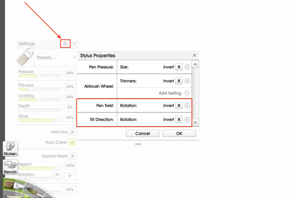 Adjust barrel rotation and tilt when using ArtRage on your iPad