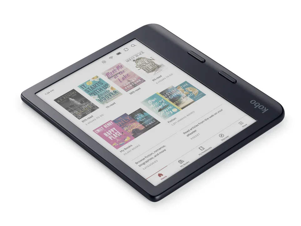 flatlay of kobo libra color showing the home page with multiple book covers on the screen 