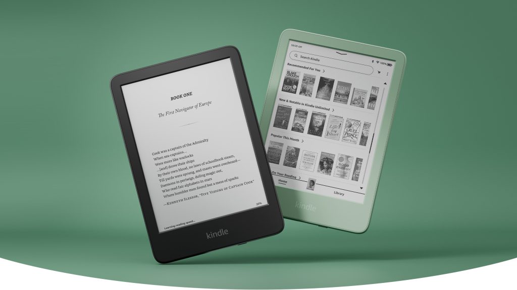 two 2024 kindles floating against a green background. the left one is black with a book on the screen. the right one is light green with the homepage on the screen 