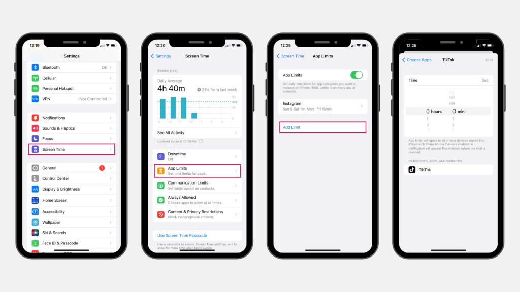 screenshots of how to set app limits on iphone