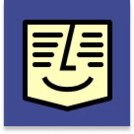 Stylized face with horizontal lines for eyes and a nose, curved line for a smile, framed by a shield-like shape on a dark blue background.