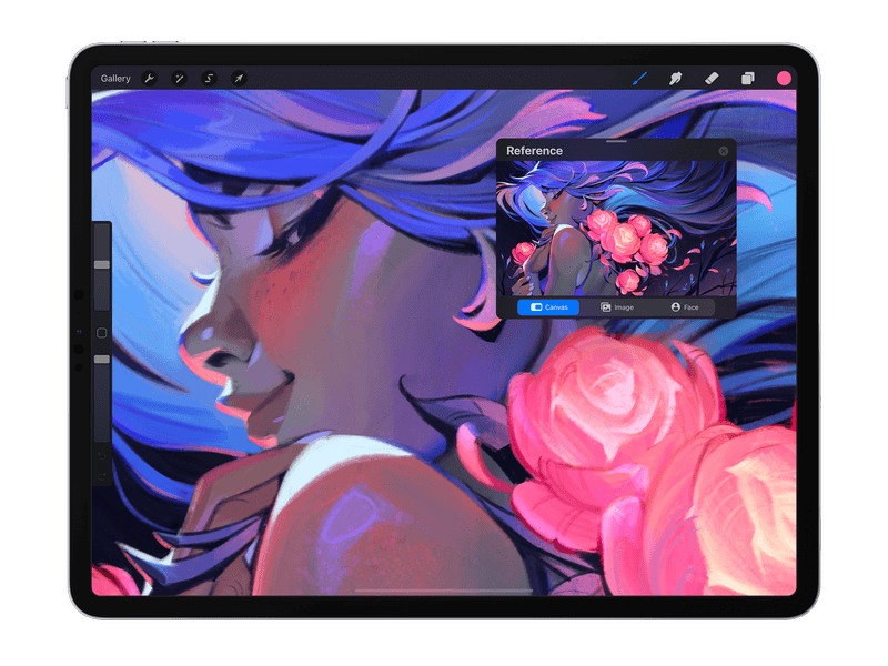 Procreate coloring iPad app displaying Reference image user interface