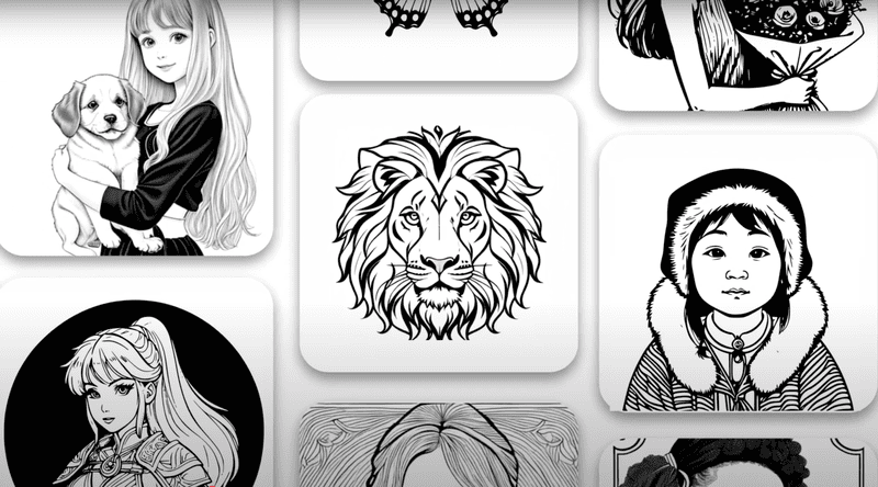 A number of line art images in a tiled gallery format, like a lion head and a girl in a hoodie