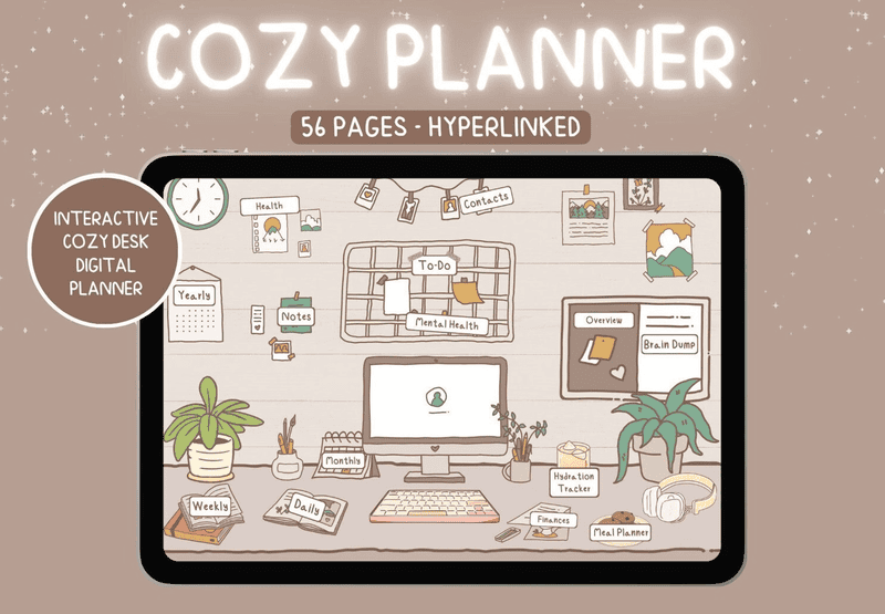 A cozy digital planner displayed on a tablet, featuring a desk-themed layout with notes, to-do lists, and wellness trackers in a warm, hand-drawn style.