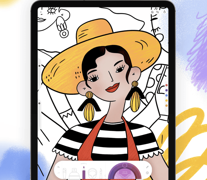 iPad displaying the user interface of the Lake coloring app for iPad via a partially colored image of a woman in a hat