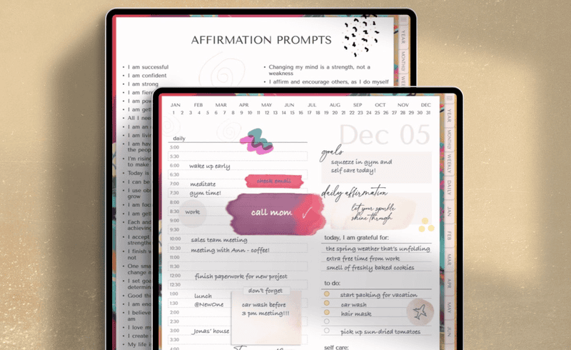 Two examples of maximalist planner pages displayed on iPads layered over each other. 