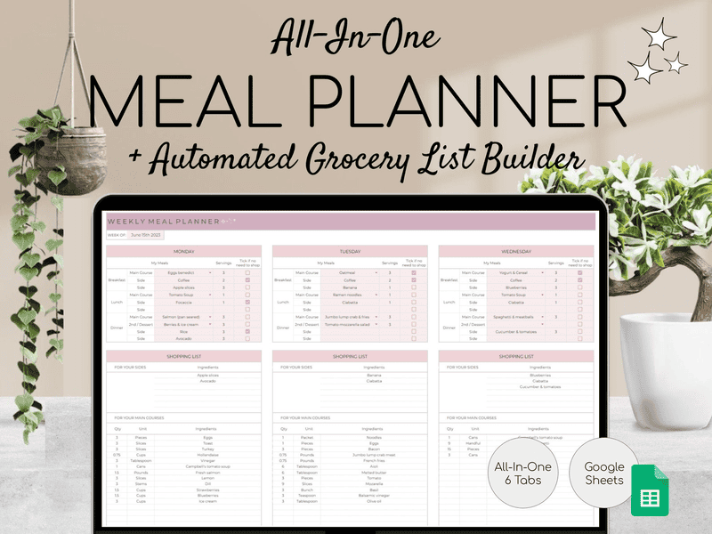 A digital meal planner on a laptop screen with a weekly template and automated grocery list builder. Features Google Sheets compatibility in a minimalistic setting with plants.