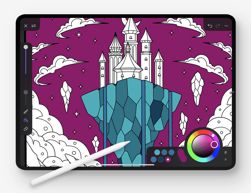 iPad displaying the Pigment coloring app for iPad's user interface with a partially colored floating castle coloring page