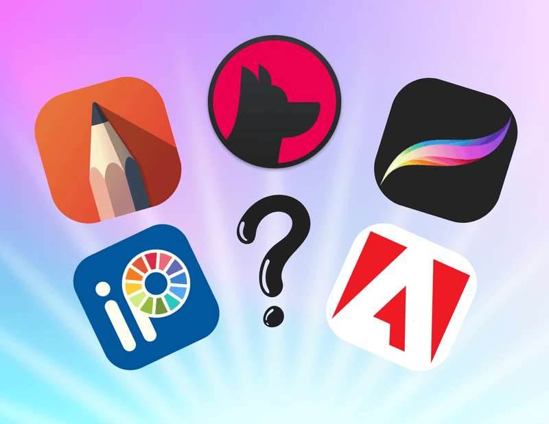 Logos of the best drawing apps for iPad with a question mark in the middle of them