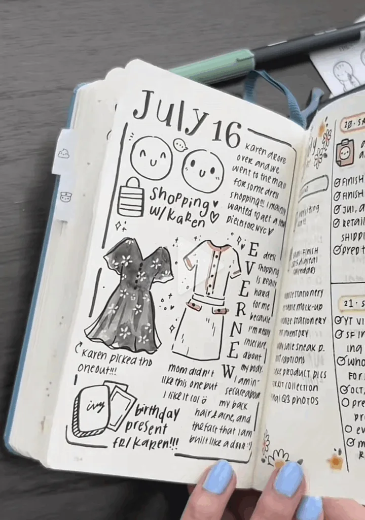 A hand drawn dated journal page for a July 16th entry. The page contains stylized drawings along with cleverly placed text for a complete journal entry.