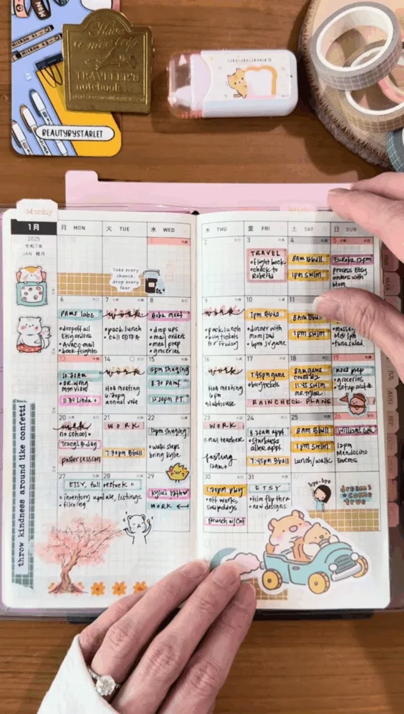 A colorful bullet journal idea for a hand drawn calendar. entries for each date are highlighted in pastel colors and cute drawings and stickers line the outside margins
