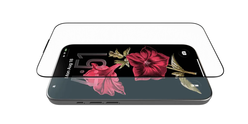 a phone on a white background with a screen protector hovering over it. the image of the phone is less washed out where the protector is covering the phone