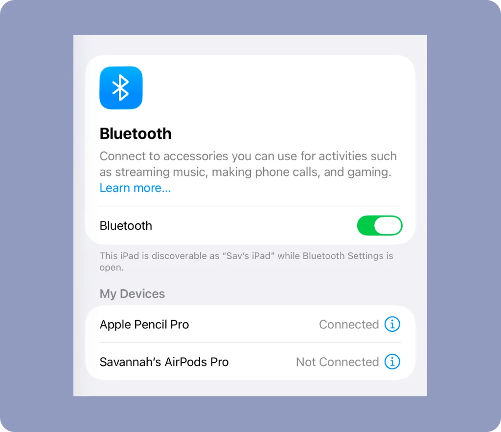 A screenshot of the iPad's Bluetooth settings